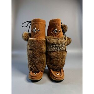 Tecumseh Canada Vintage Mukluk Boots Women's 6 Brown Suede Rabbit Fur Beaded